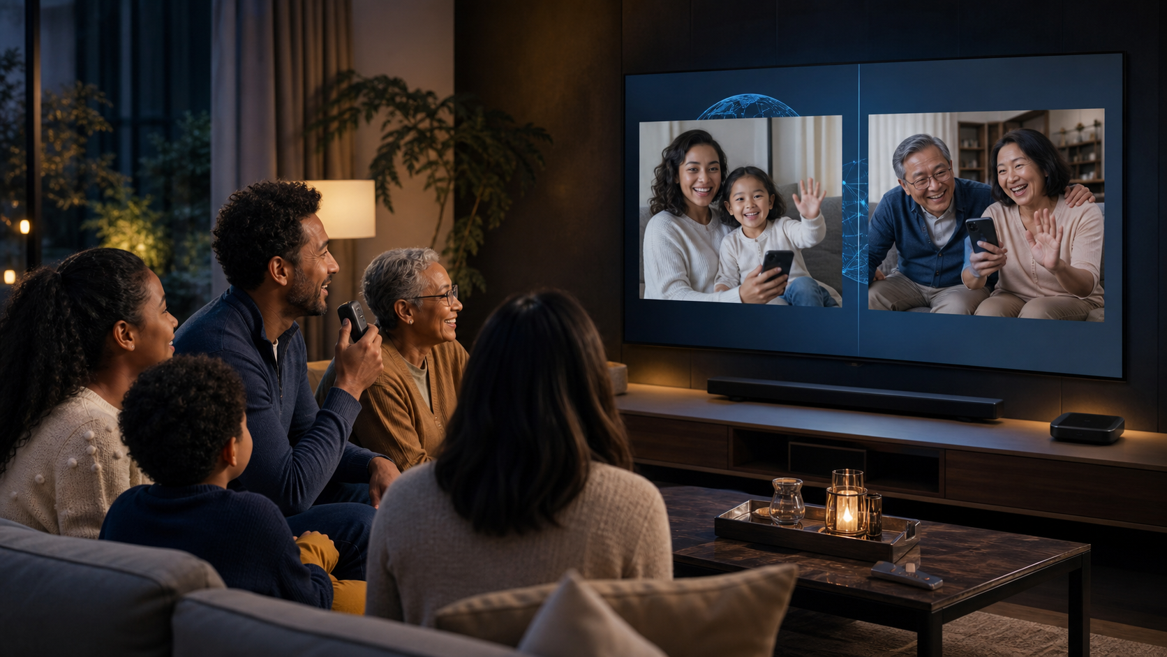 Multigenerational family using Walkie Talkie HRL on a living-room television to speak with loved ones worldwide