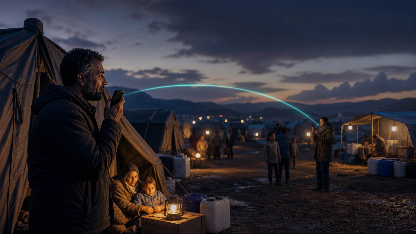 People using private mobile communication near humanitarian shelter tents at dusk