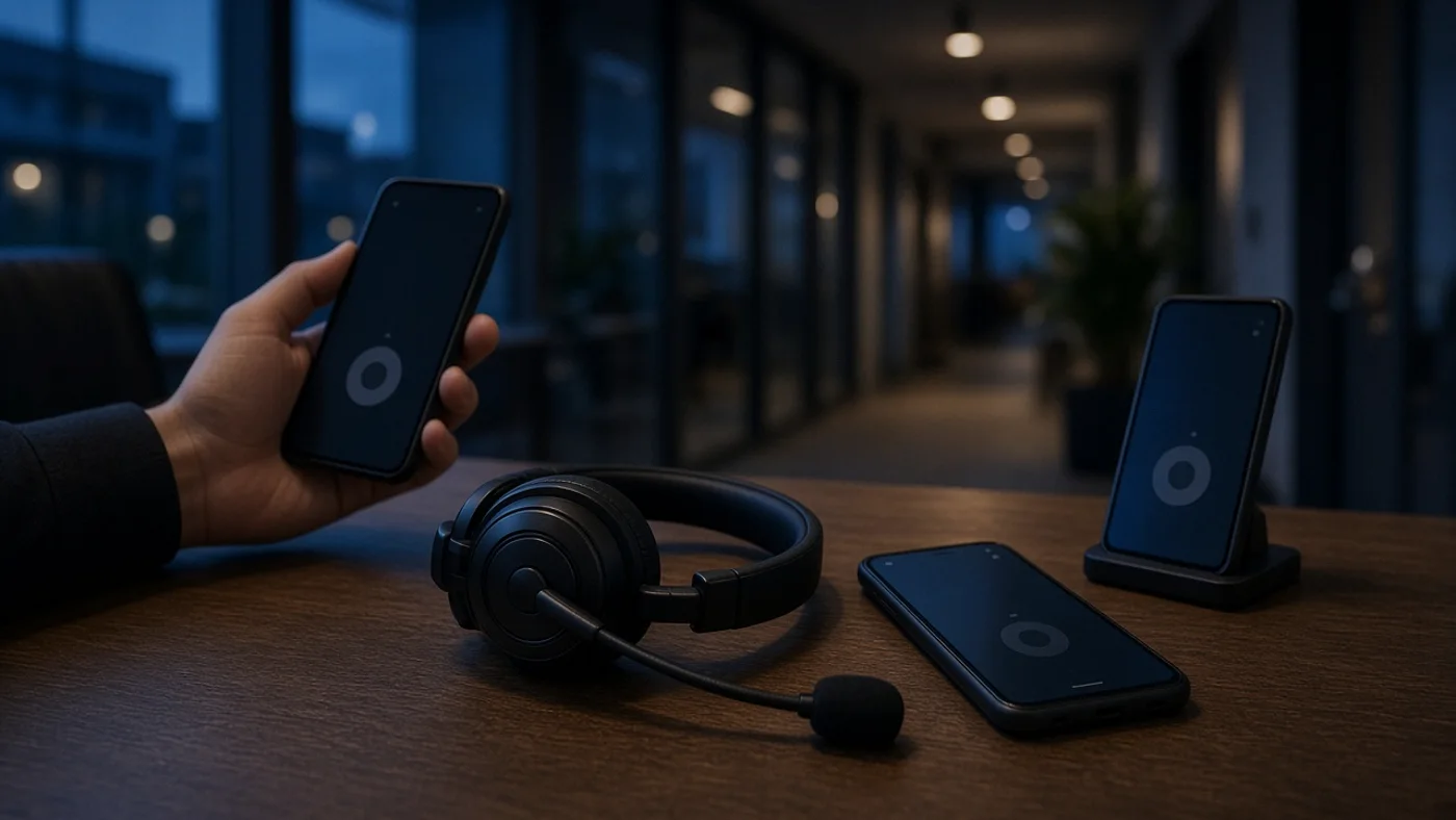 A headset with a boom microphone on a desk