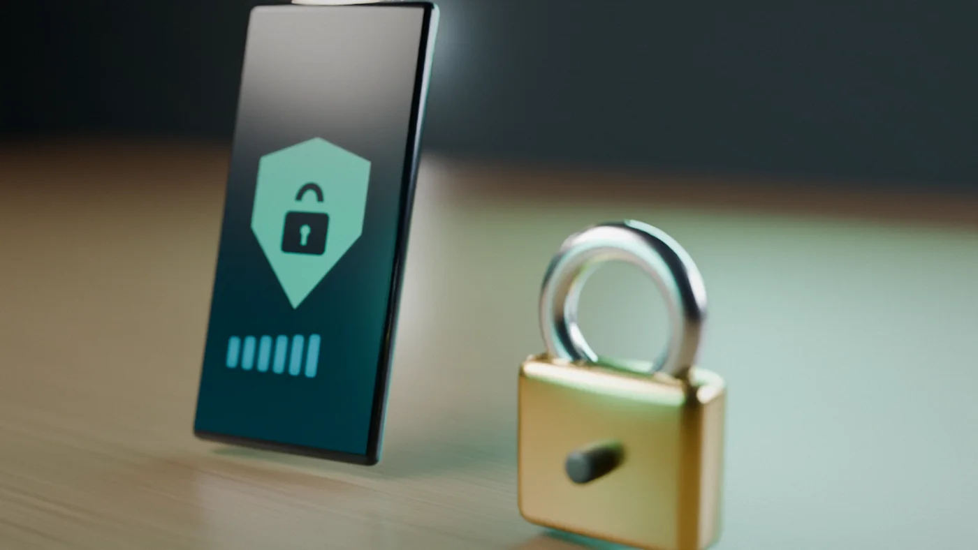 A smartphone beside a padlock, showing protected, encrypted voice