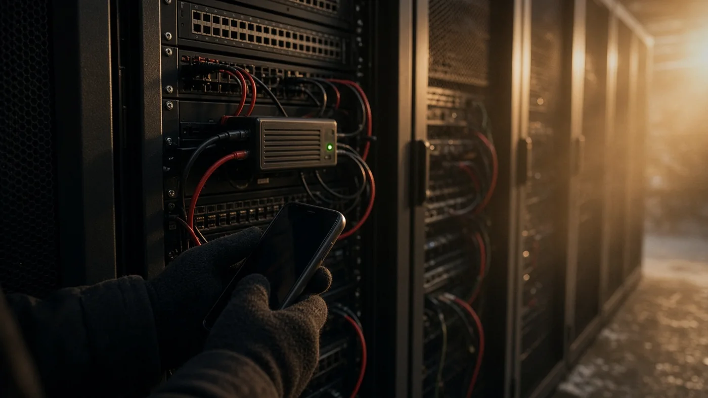 A row of server racks, the relay that carries the audio