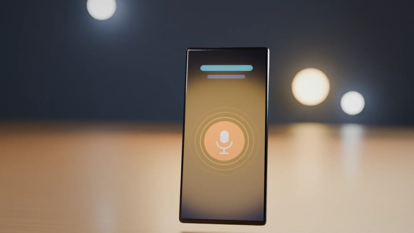 A smartphone showing a big glowing push-to-talk button