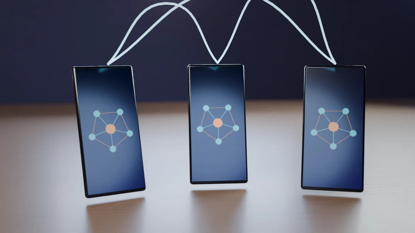 Three smartphones connected by glowing lines, a private group channel