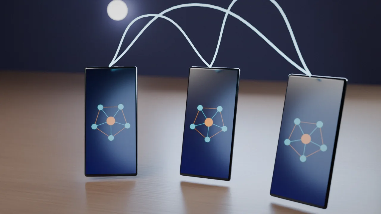 An illustration of a small glowing circle of connected phone icons set apart from a larger open, unlocked network.