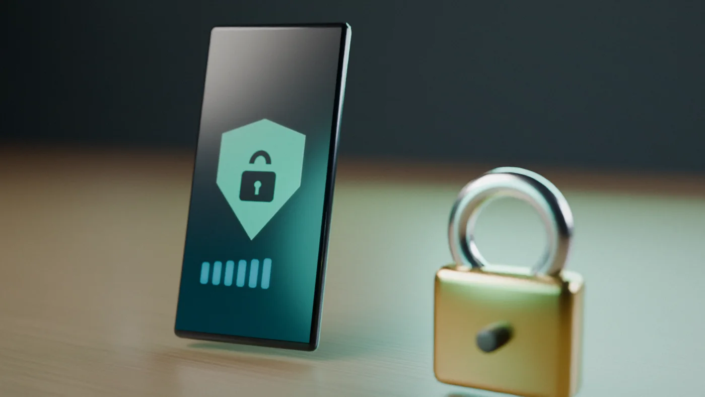 A smartphone beside a padlock, showing protected, encrypted voice