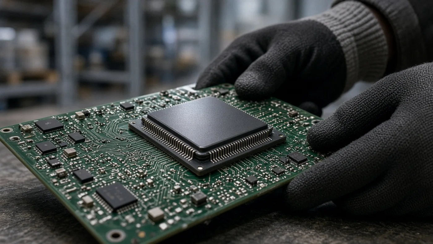 A circuit board and processor chip, close up