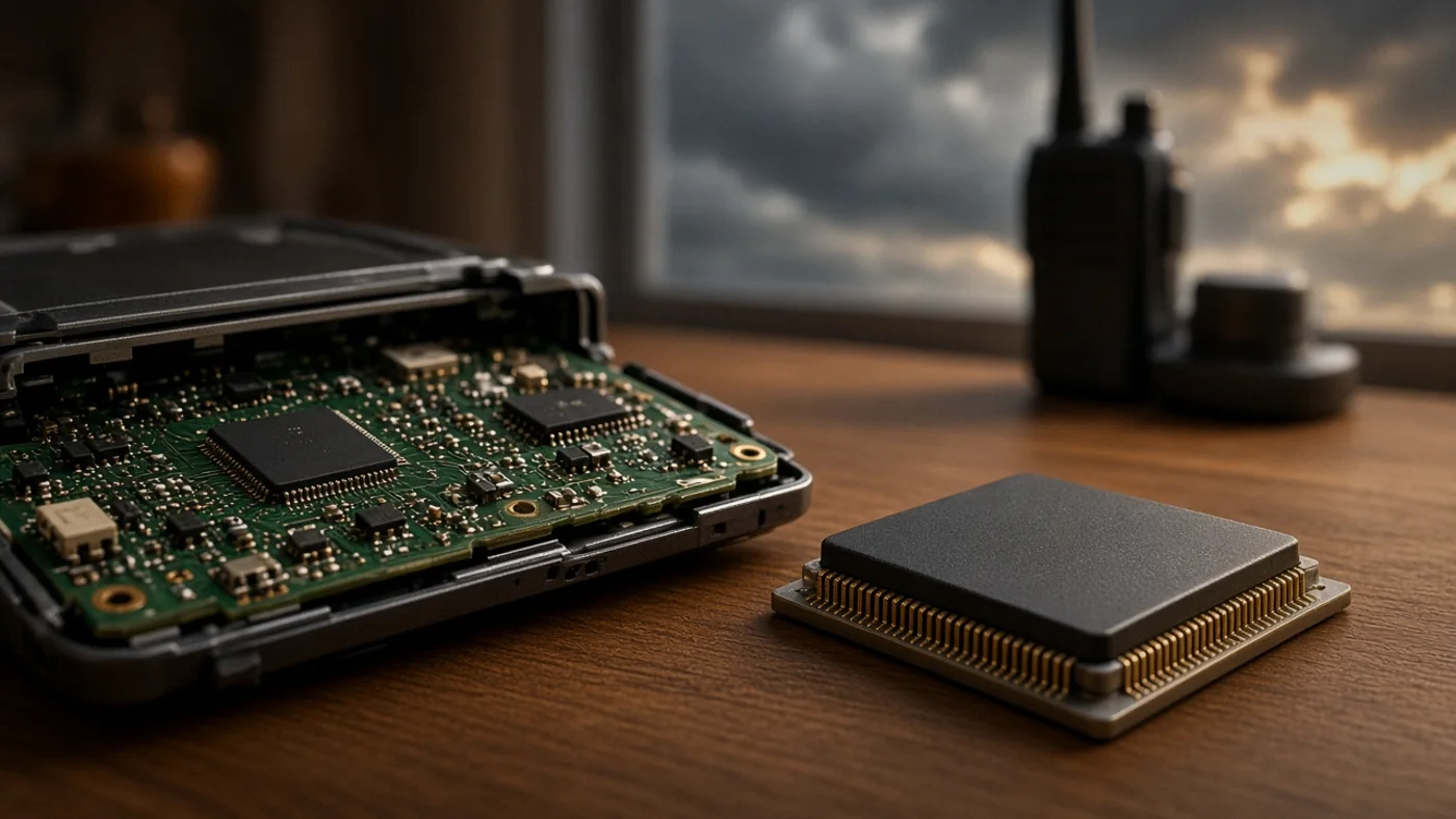 A circuit board and processor chip, close up