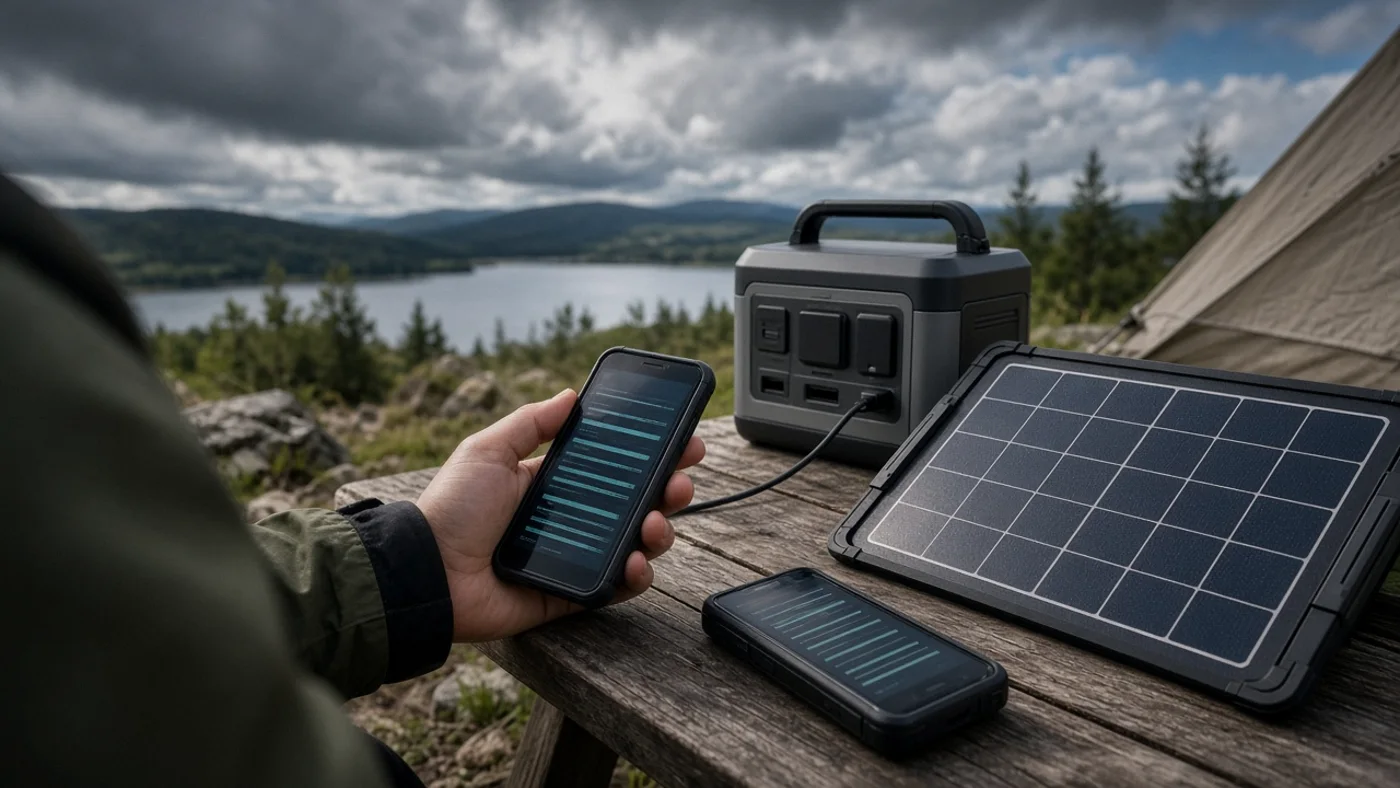 A portable solar panel and battery in a field, for outdoor use