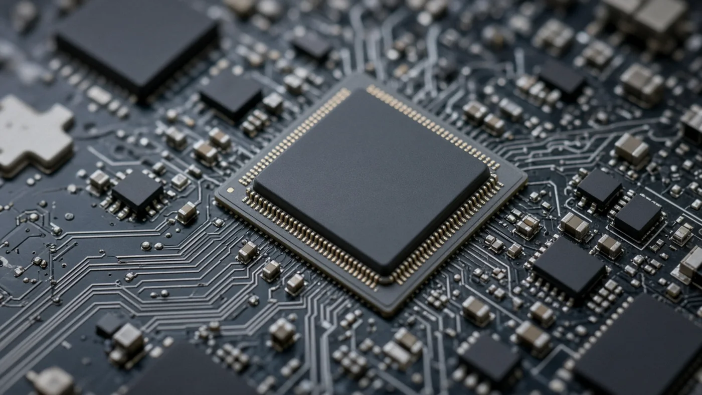 A circuit board and processor chip, close up