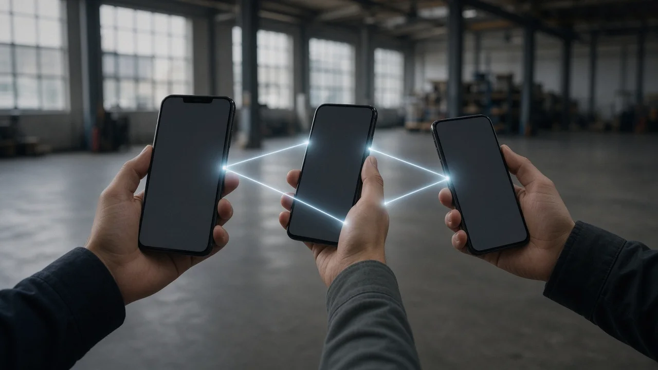 A simple illustration of three smartphones connected by glowing lines around a central locked channel icon.