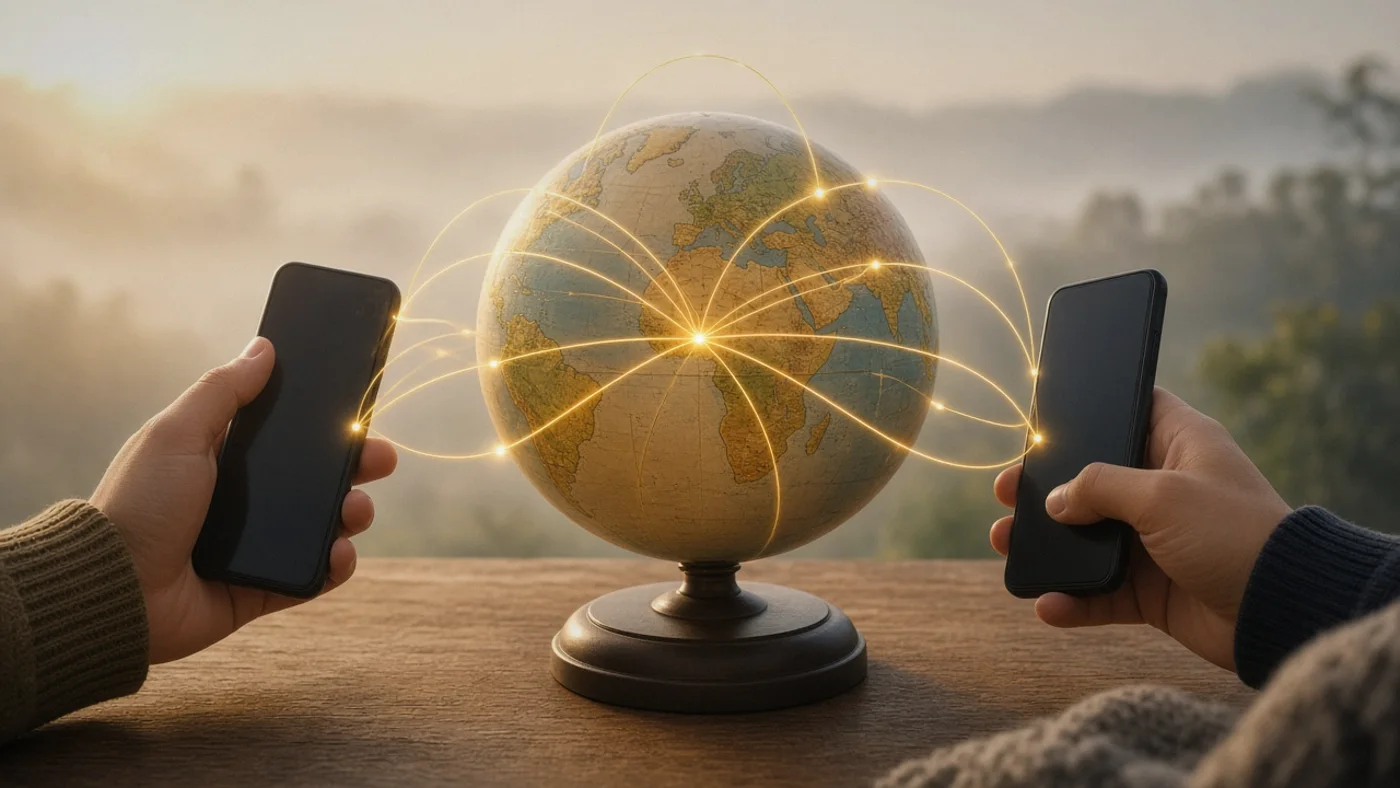 A globe with glowing arcs, worldwide connections