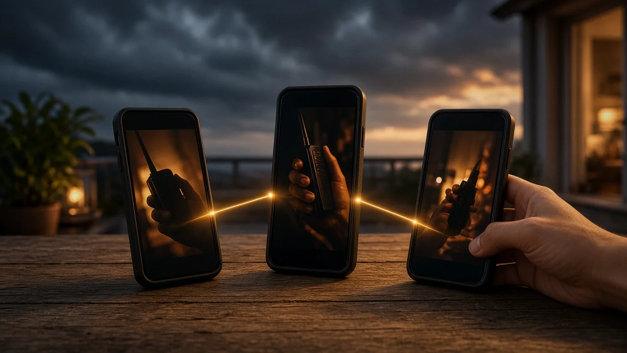 A simple illustration of three smartphones linked by glowing lines around a locked door icon, representing a private team channel.