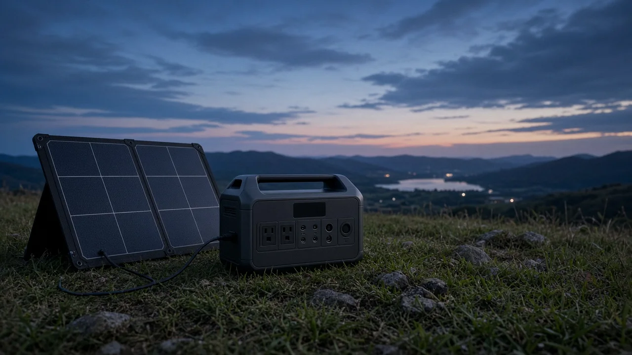 A simple illustration of a portable solar panel and battery in an open field beside a small tent under a bright sky.