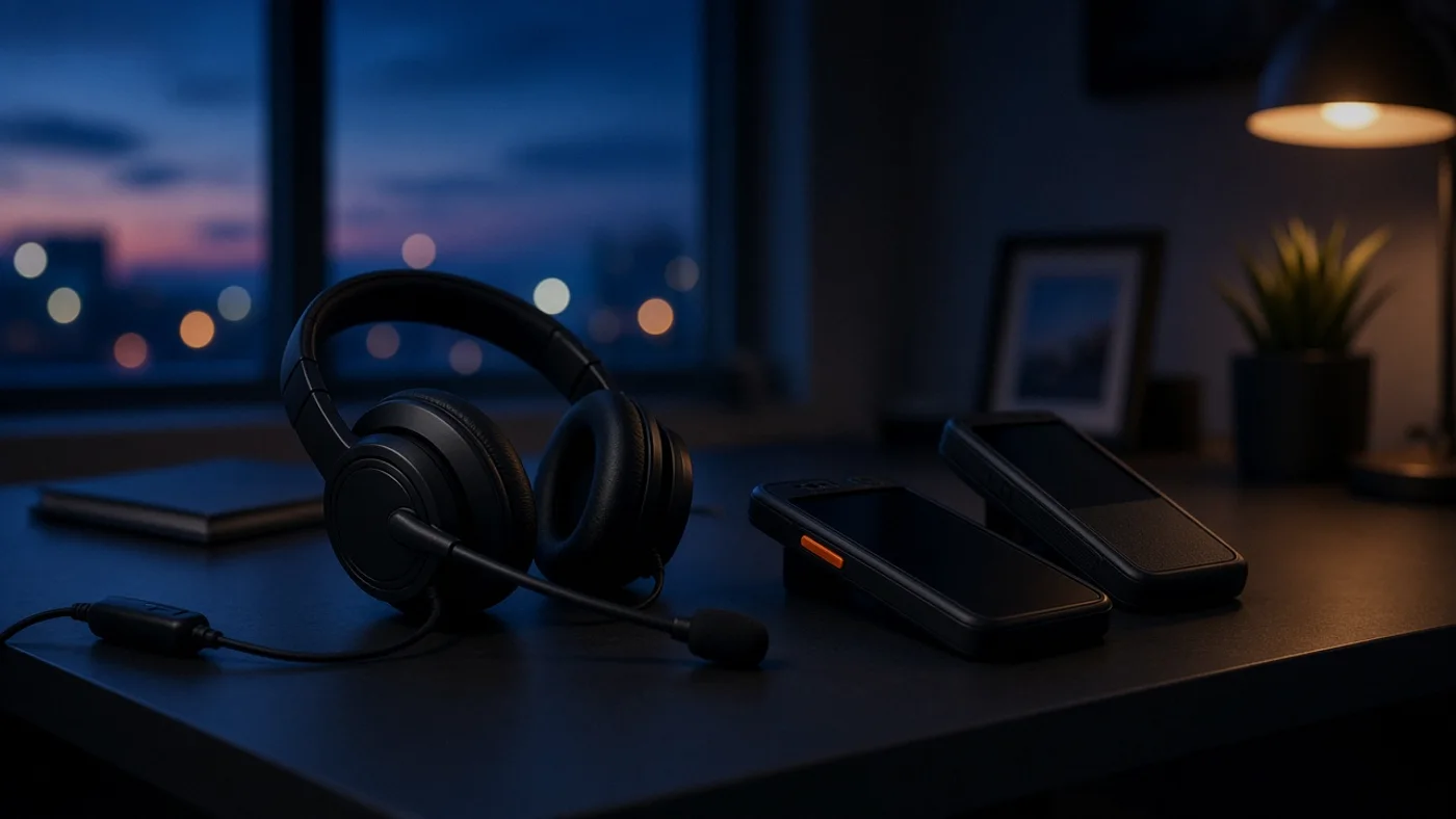 A headset with a boom microphone on a desk