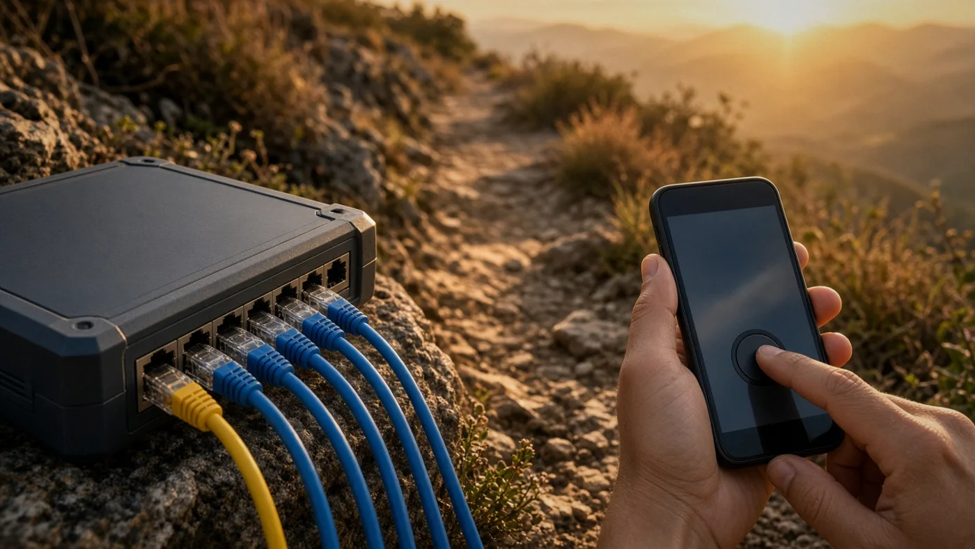 Network cables plugged into a switch, the internet path voice travels on