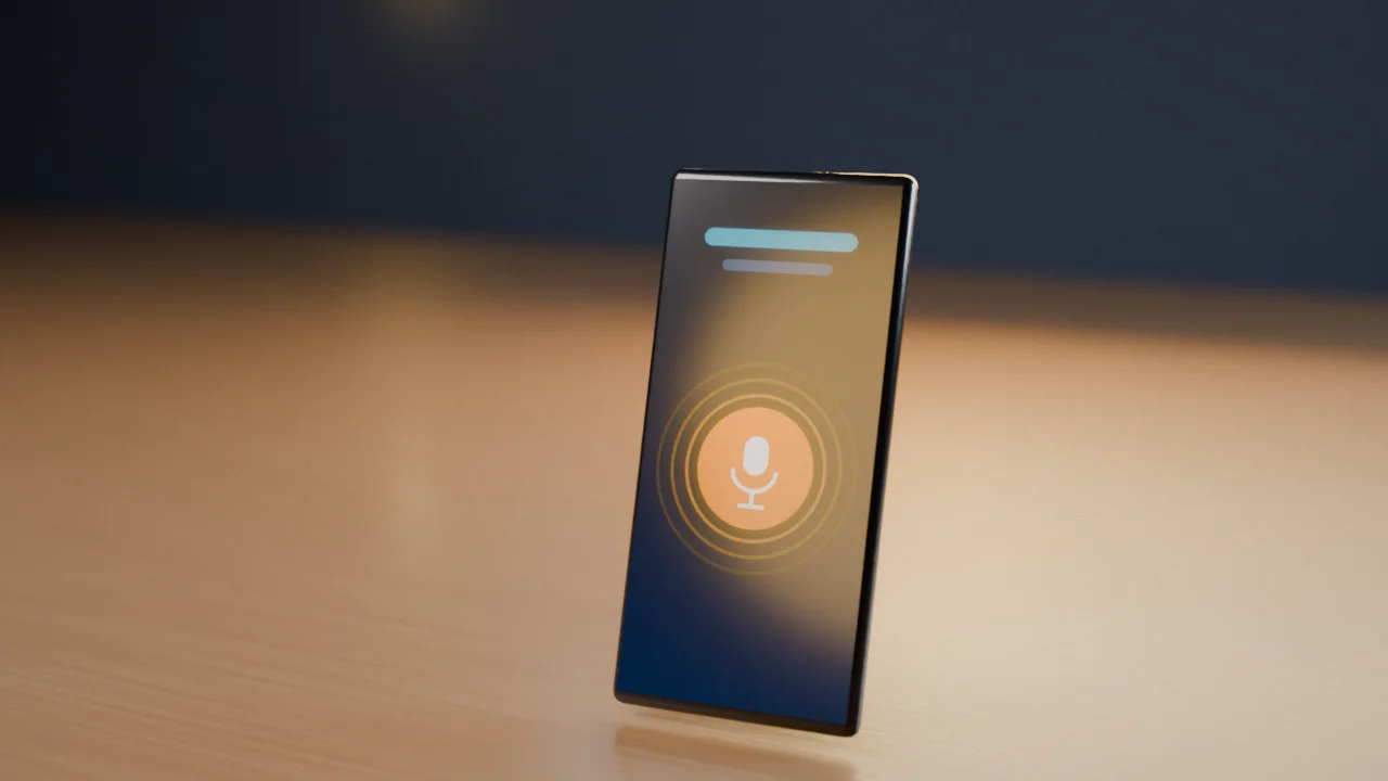 A smartphone standing upright with a large glowing push-to-talk button on its screen, against a plain soft background.