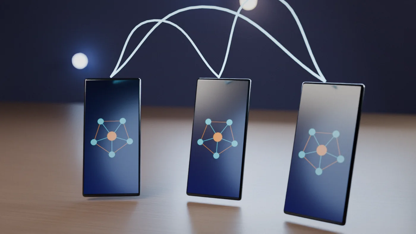 Three smartphones connected by glowing lines, a private group channel