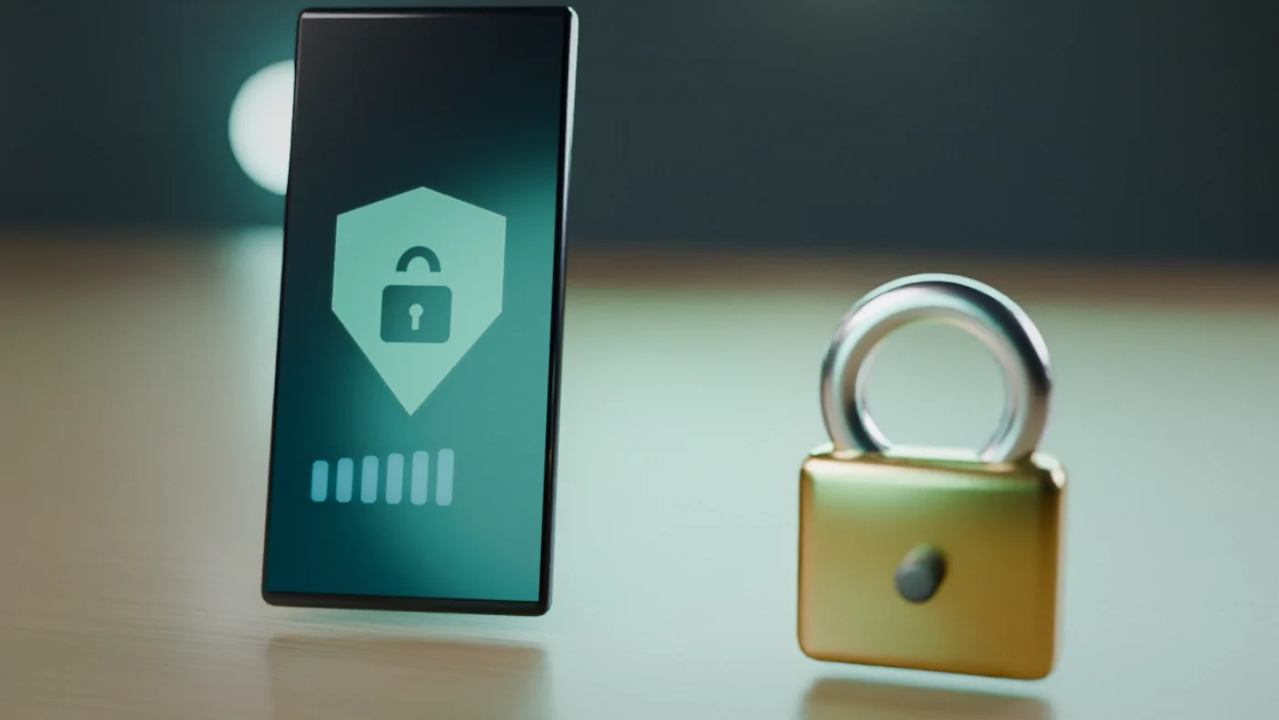 A smartphone beside a padlock, showing protected, encrypted voice