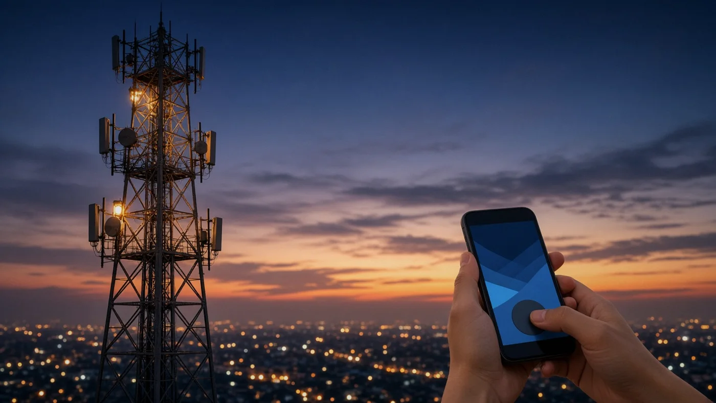 A lattice tower against the evening sky, coverage and connectivity