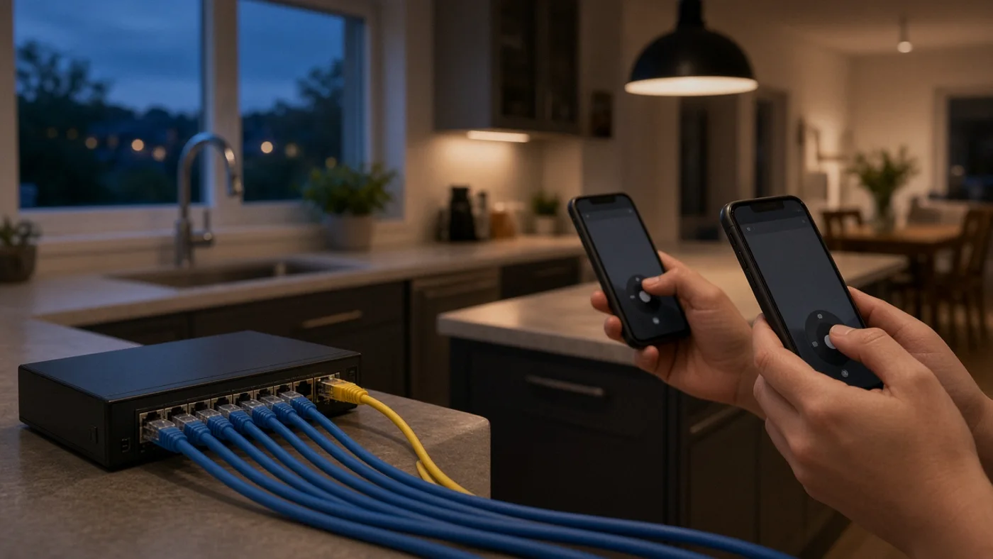 Network cables plugged into a switch, the internet path voice travels on