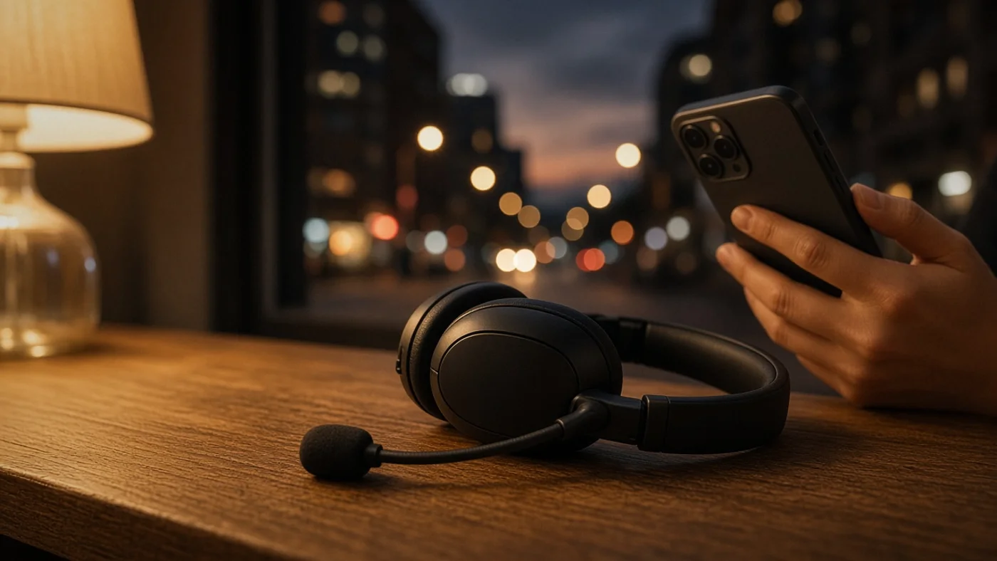 A headset with a boom microphone on a desk