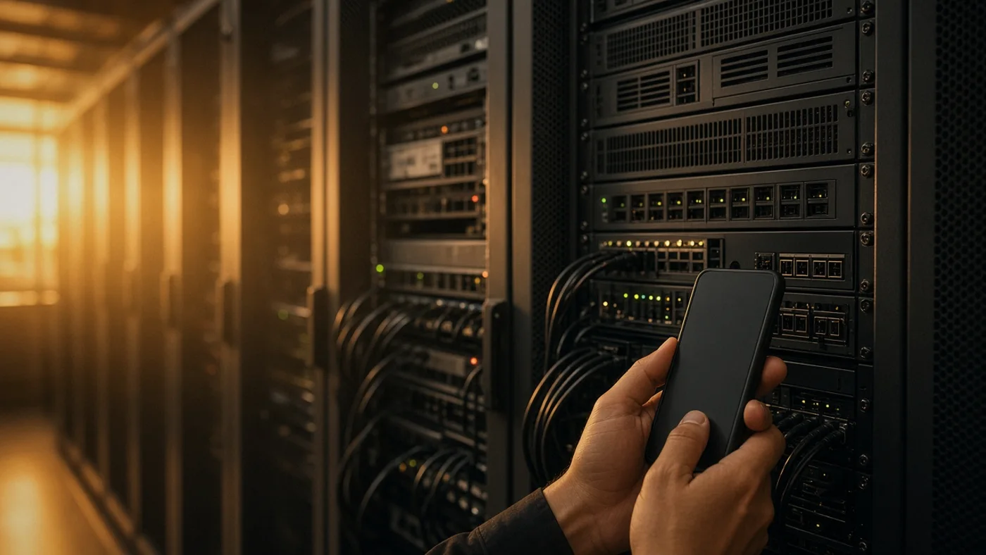 A row of server racks, the relay that carries the audio