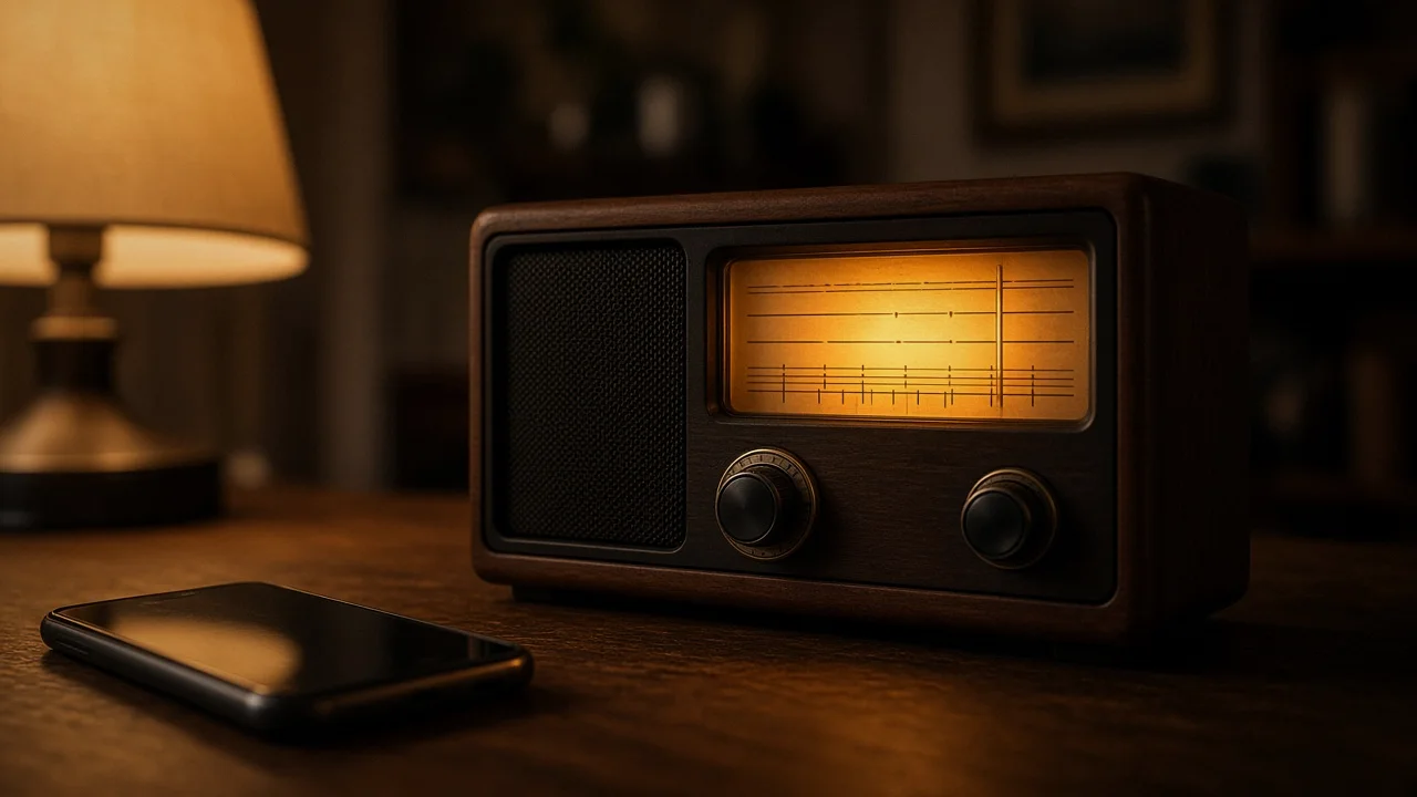 A simple illustration of radio waves spreading outward from a desk radio toward an open ear icon, representing unencrypted traffic anyone can pick up.