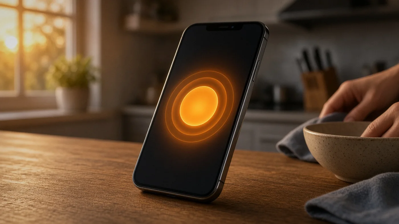 A smartphone showing a big glowing push-to-talk button