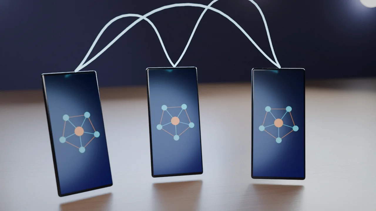 A smartphone with a glowing push-to-talk button sits beside a closed padlock on a plain desk, suggesting a private, protected voice channel.