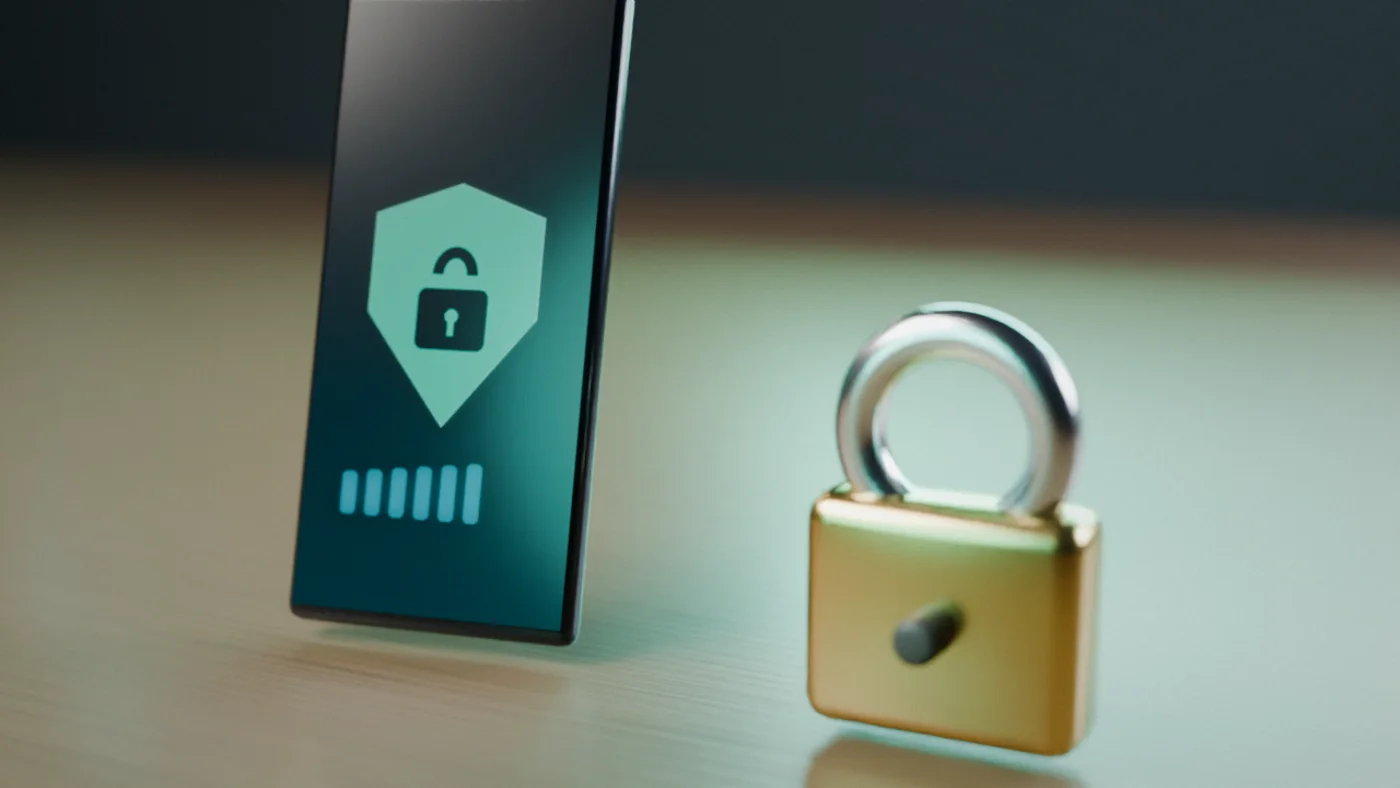 A smartphone beside a padlock, showing protected, encrypted voice
